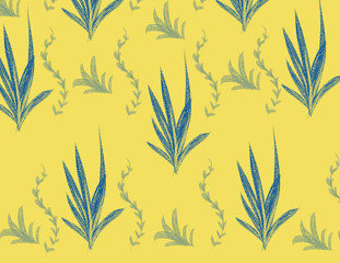 green plant and grass pattern in a yellow background. Childrens book style illustration