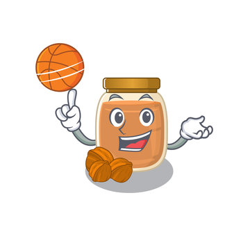 A mascot picture of walnut butter cartoon character playing basketball