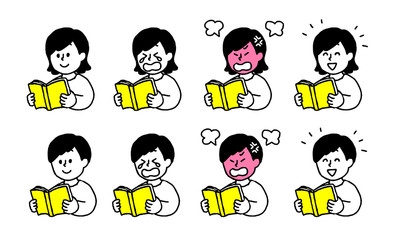 本を読む私服の男性女性セット（シンプル）