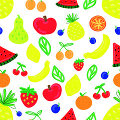 vector seamless pattern, funny primitive bright fruits and berries