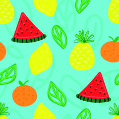 vector seamless pattern, funny primitive bright fruits and berries