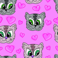 vector seamless pattern, funny cats in love