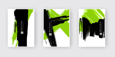 Banners with abstract black green ink wash painting in East Asian style.