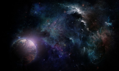Fototapeta na wymiar abstract space illustration, 3d image, planet earth in the colored light of a star nebula