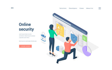 People browsing protected website together. Isometric vector illustration