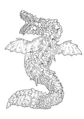 Underwater dragon coloring page. Outline illustration. Dragon drawing coloring sheet.