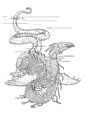 Underwater dragon coloring page. Outline illustration. Dragon drawing coloring sheet.