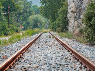 train track rails line at evening close up