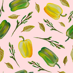 Bulgarian yellow and green peppers, arugula, herbs, spices. manual illustration in gouache. Juicy colored vegetables. Design for wallpaper, fabric, textile, print, packaging, wallpaper, background.