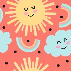 Seamless pattern-vector background for kids products, textiles, wallpaper. Cartoon sun and cloud. - 326308082