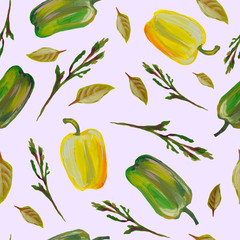 Bulgarian yellow and green peppers, arugula, herbs, spices. manual illustration in gouache. Juicy colored vegetables. Design for wallpaper, fabric, textile, print, packaging, wallpaper, background.