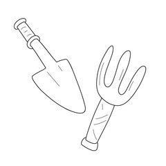 Garden shovel and rake fork, equipment for digging and raking ground, tool for farming and gardening, small spade. Simple hand drawn isolated doodles, modern cartoon vector illustration