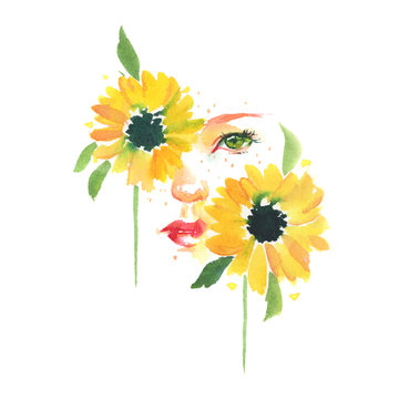 Watercolor face with sunflowers summer image sunny 
