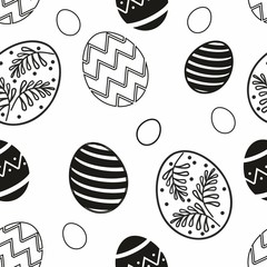 Seamless pattern with painted eggs. Happy easter holiday black and white background for printing on fabric, textile, paper for scrapbooking, gift wrap and wallpapers