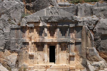 Ancient stone tomb in the antique city of Myra in Turkey.