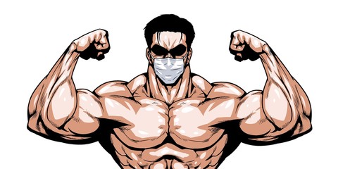 医療用マスクを付けたマッチョなヒーロー