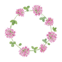 Watercolor hand drawn wreath with wild meadow red clover flowers and leaves isolated on white background. Round frame with copy space good for summer design.