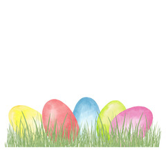 Watercolor hand drawn Easter composition with colorful eggs on spring green grass isolated on white background. Design element for holiday card, invitation, background etc.