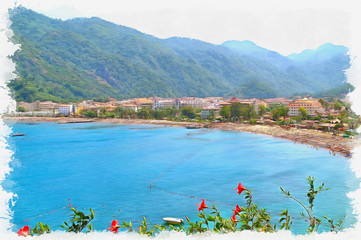 Imitation of a picture. Oil paint. Illustration. Turkey. Resort city Marmaris