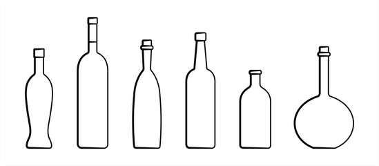 Set Of Bottles Of Different Shapes With A Narrow Neck. Glass Bottles For Various Drinks; Different Liquids. Vector Image Isolated On A White Background.