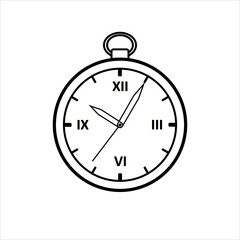 Vector Outline Round Clock. Vintage, Antique Clock With Roman Numerals. For Children's Coloring Book. For Coloring. Isolated on a white background.