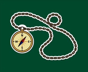 Vector Compass With Chain. Sticker In The Form Of A Vintage Compass On A Chain.