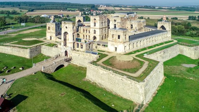Old, ruined castle Krzyztopor in Ujazd, Poland, built in 17th century, ruined to naked walls in 18th century. Aerial 4K video in the morning 