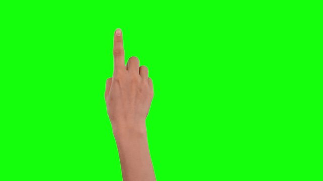 Woman hand touching tapping sliding swiping zooming clicking on chroma key background green screen 