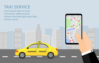 City Taxi Mobile Service of Urban cityscape with taxi cab and smartphone taxi service application.
