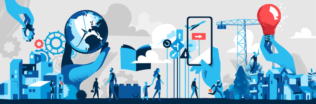 Costruzione, Innovazione e Futuro della societ&agrave; moderna - illustrazione vettoriale