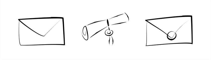 Letter, Scroll With Wax Seal, Envelope With Wax Seal. Vector Hand drawn, Isolated On White Background.