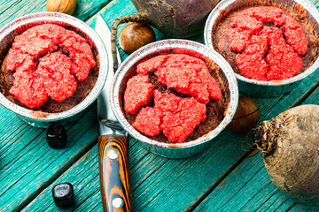 Closeup of a beetroot muffin