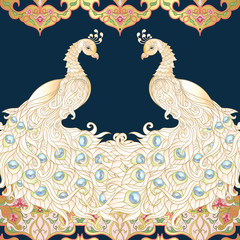 Fototapeta na wymiar White Peacock bird seamless pattern, background with eastern ethnic motif. Colored vector illustration.