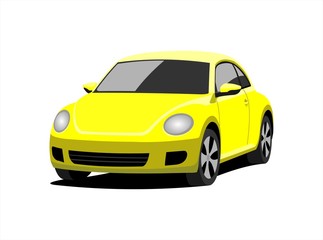 A Small Car, Front view, Three-quarter view. Yellow Car With A Rounded Body. Сompact Сity Сar. Vector Image Isolated On white background.