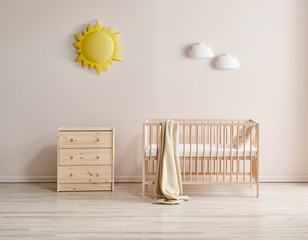 Modern wooden crib and baby room style, pink wall and cabinet decor.