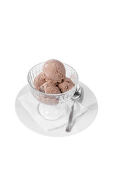four balls Ice cream dessert, chocolate flavor, isolated on a white background in creamer on a...