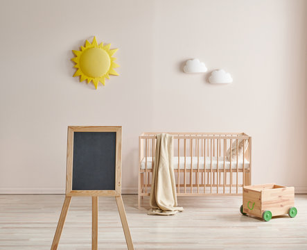 Baby room, bed and wooden crib, interior decor, close up black board style.