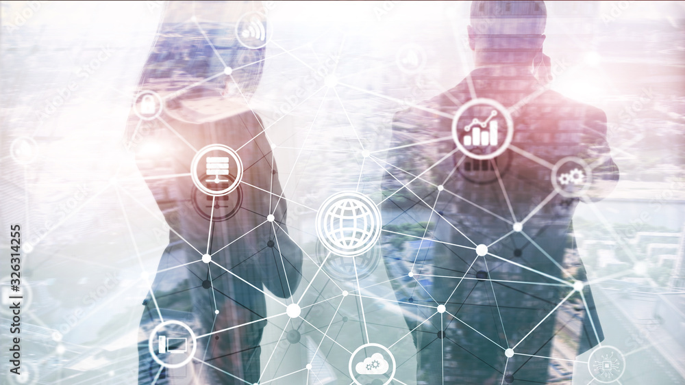 Poster ict - information and telecommunication technology and iot - internet of things concepts. diagrams w