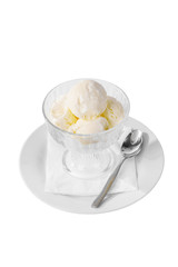four balls Ice cream dessert, vanilla flavor, isolated on a white background in creamer on a plate with a spoon and a napkin, side view for menu