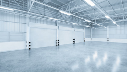 Roller door or roller shutter inside factory, warehouse or industrial building. Modern interior design with polished concrete floor and empty space for product display, industry background. 3d render. - obrazy, fototapety, plakaty