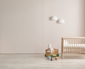 Decorative baby room style with wooden crib, bed, toys and cabinet style.