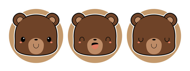 Set of cute brown bear cartoon characters. Kawaii style vector illustration.	