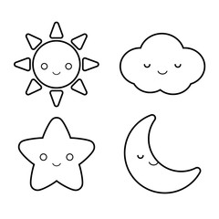 Set of cute weather element outline drawing for children's coloring book including sun, cloud, star and moon. Kawaii vector illustration.