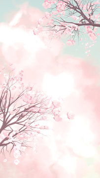 3d rendering picture of beautiful plum blossom trees on soft pastel clouds sky. (Vertical)