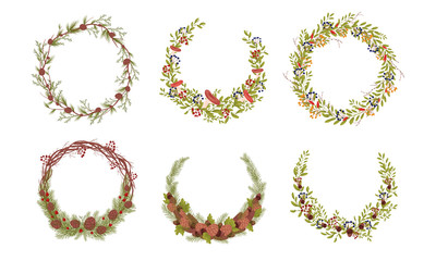 Decorative Wreaths with Branches Entangled with Mushrooms, Berries and Fir Cones Vector Set