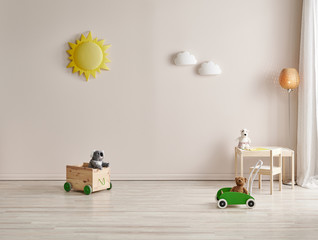 Wooden baby room style with bed, crib and cabinet style.