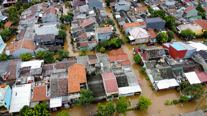 Aerial POV view Depiction of flooding. devastation wrought after massive natural disasters at...