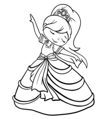 princess girl dancing in lush outline dress in crown vector coloring baby illustration page
