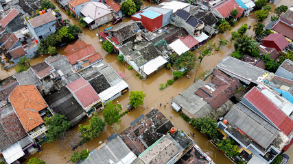 Aerial POV view Depiction of flooding. devastation wrought after massive natural disasters at...