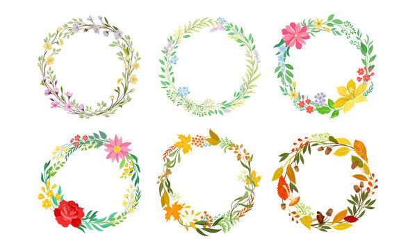 Floral Wreaths with Tree Branches, Autumn Leaves and Blooming Summer Flowers Vector Set